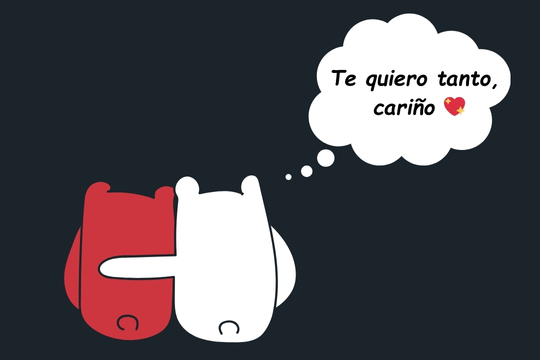 Illustration of a cute red and white couple embracing, with one thinking 'Te quiero tanto, cariño' showcasing the depth of love and care in Spanish vocabulary.