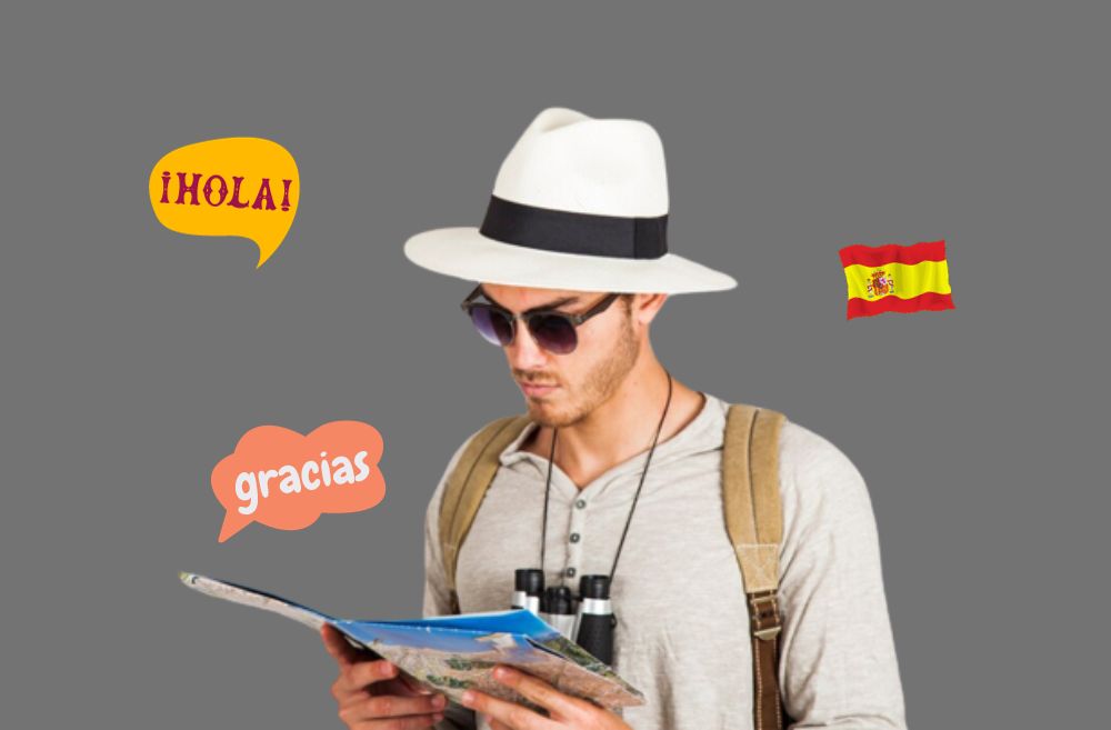 A traveller holding a guidebook and learning some spanish phrases helpful for trip, illustrating a Language Vibes blog post about essential spanish travel phrases for your trip