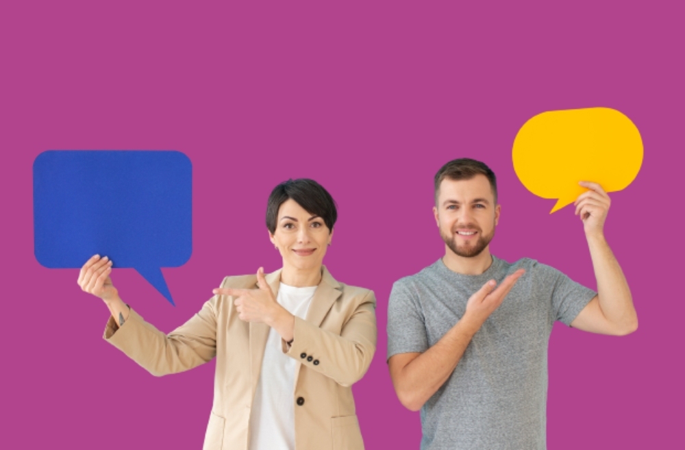 A men and women showing chat cloud, illustrating a Language Vibes blog post about guide to spanish Slang