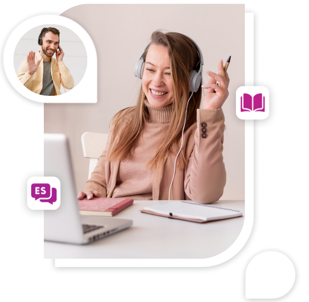 Two smiling people wearing headphones, speaking confidently in Spanish, representing the improvement of speaking skills through Language Vibes