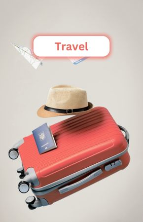 A suitcase, passport, and a vacation hat, representing the Travel conversation topic in Language Vibes