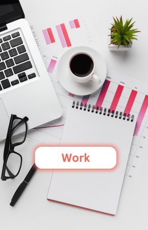 A work desk with a laptop and a notebook, representing the Work conversation topic in Language Vibes